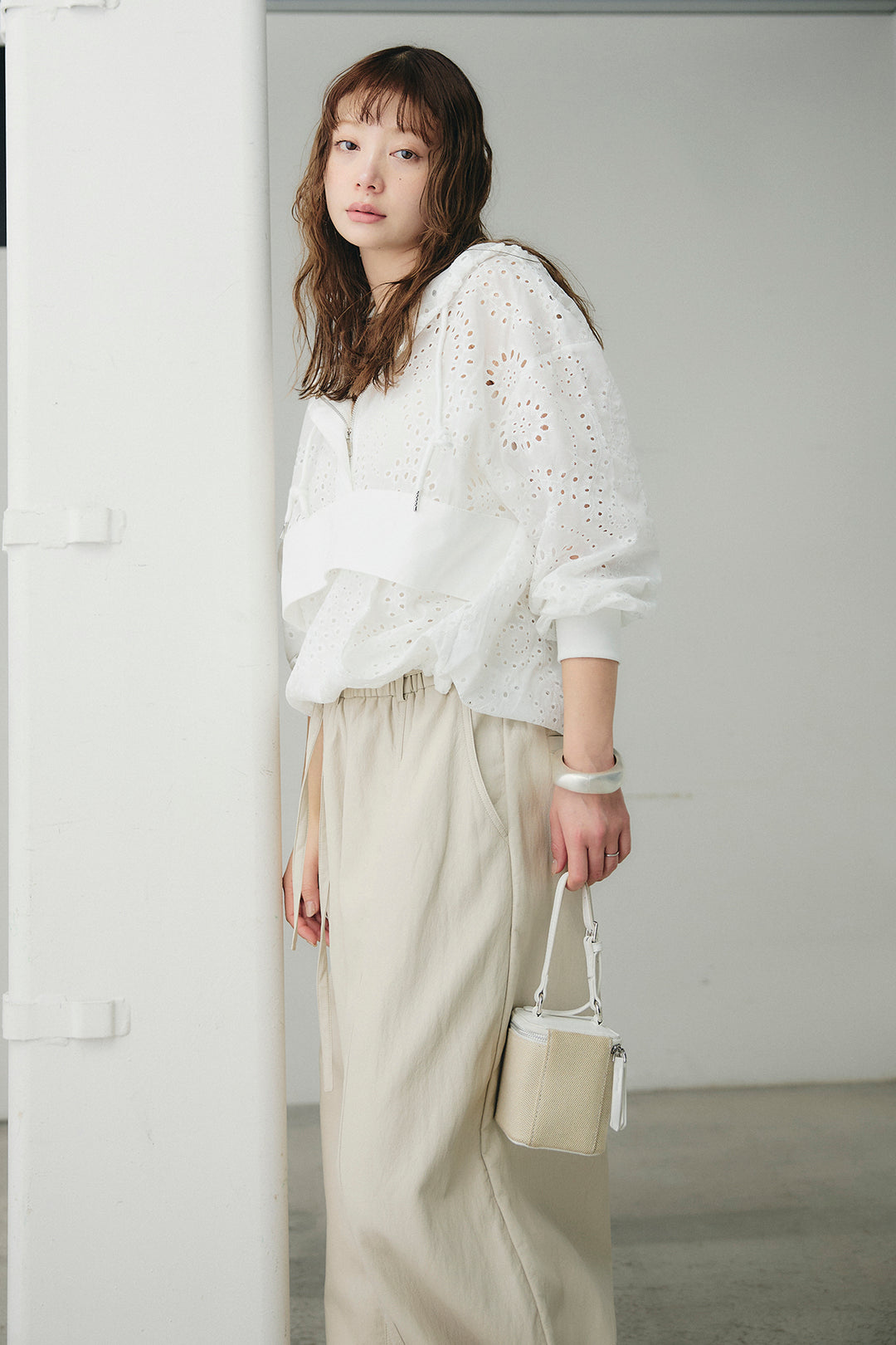 [SET]レースハーフジップアップフーディー+フェイクレザーカーブワイドパンツ(2set)