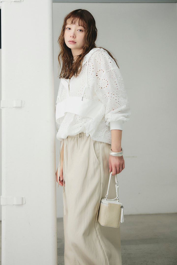 [SET]レースハーフジップアップフーディー+フェイクレザーカーブワイドパンツ(2set)