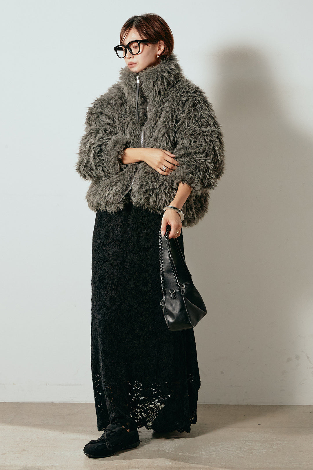 [SET]ミックスシープファースタンドブルゾン+花柄刺繍ベロアフレアスカート(2set)