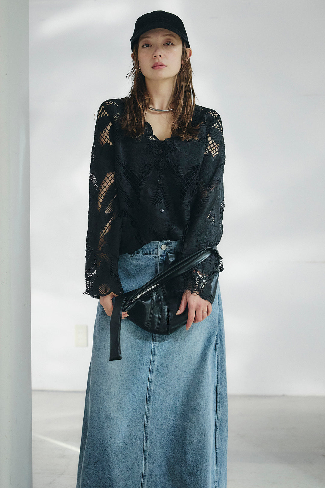 [SET]フラワー刺繍レースブラウス+デニムロングフレアスカート(2set)