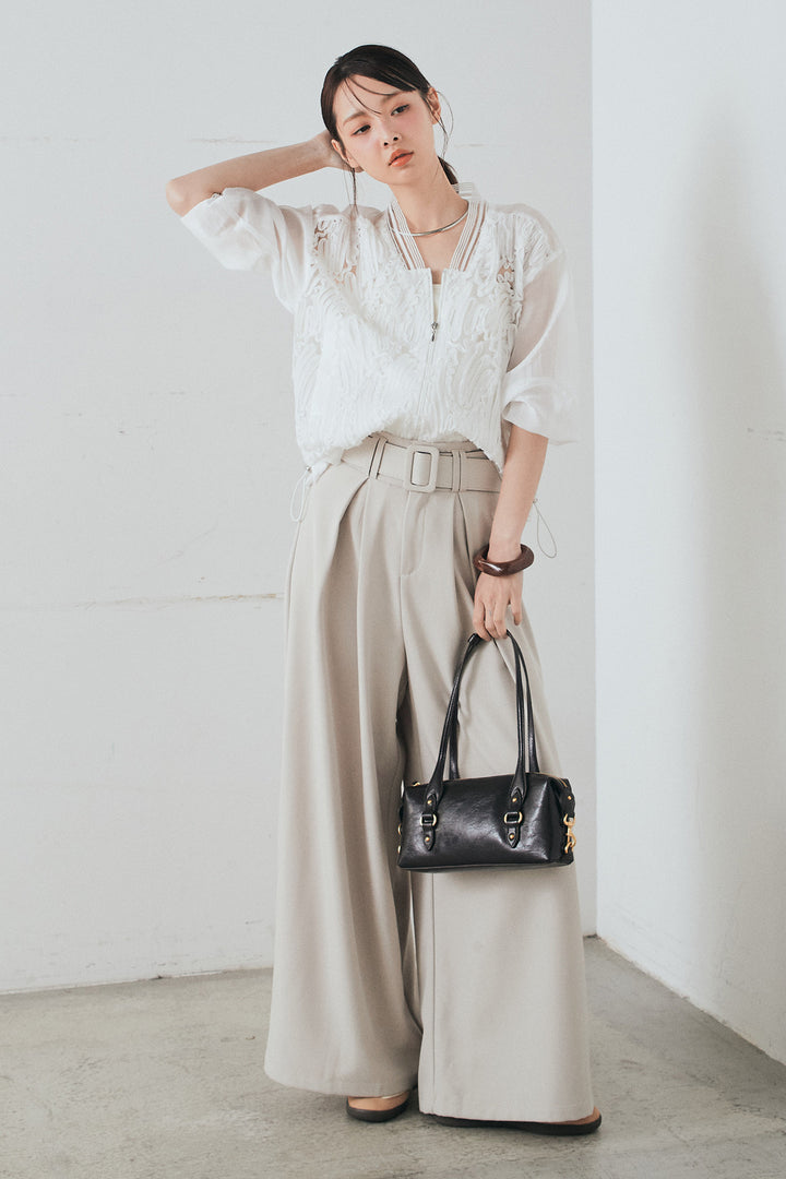 [SET]モチーフ付きシアーブルゾン+ベルト付きツータックワイドパンツ(2set)