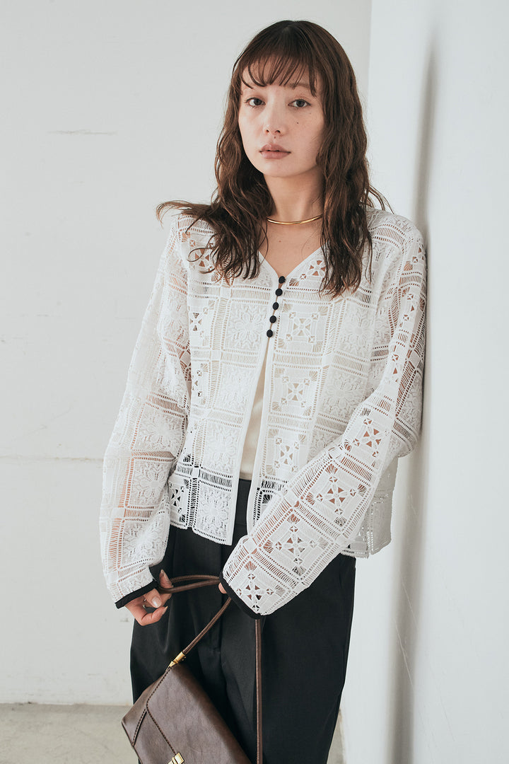 [SET]クロシェレースカーディガン+センタープレスセミワイドパンツ(2set)