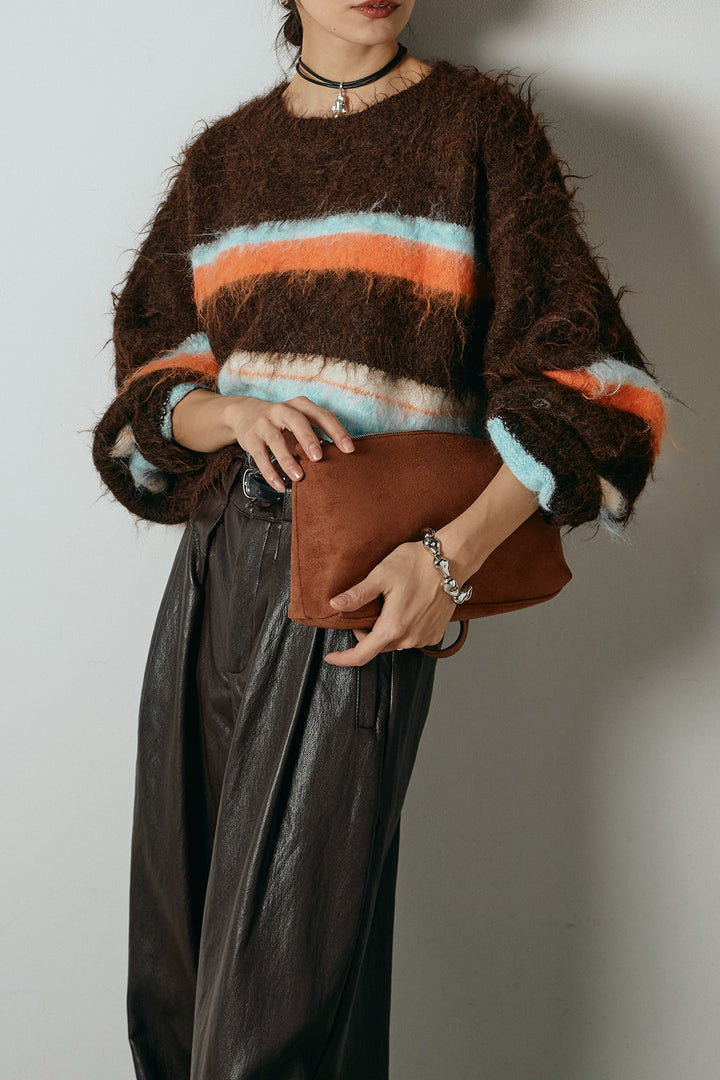 [SET]起毛配色マルチボーダーニットトップス+ベルト付きレザーライクタックパンツ(2set)