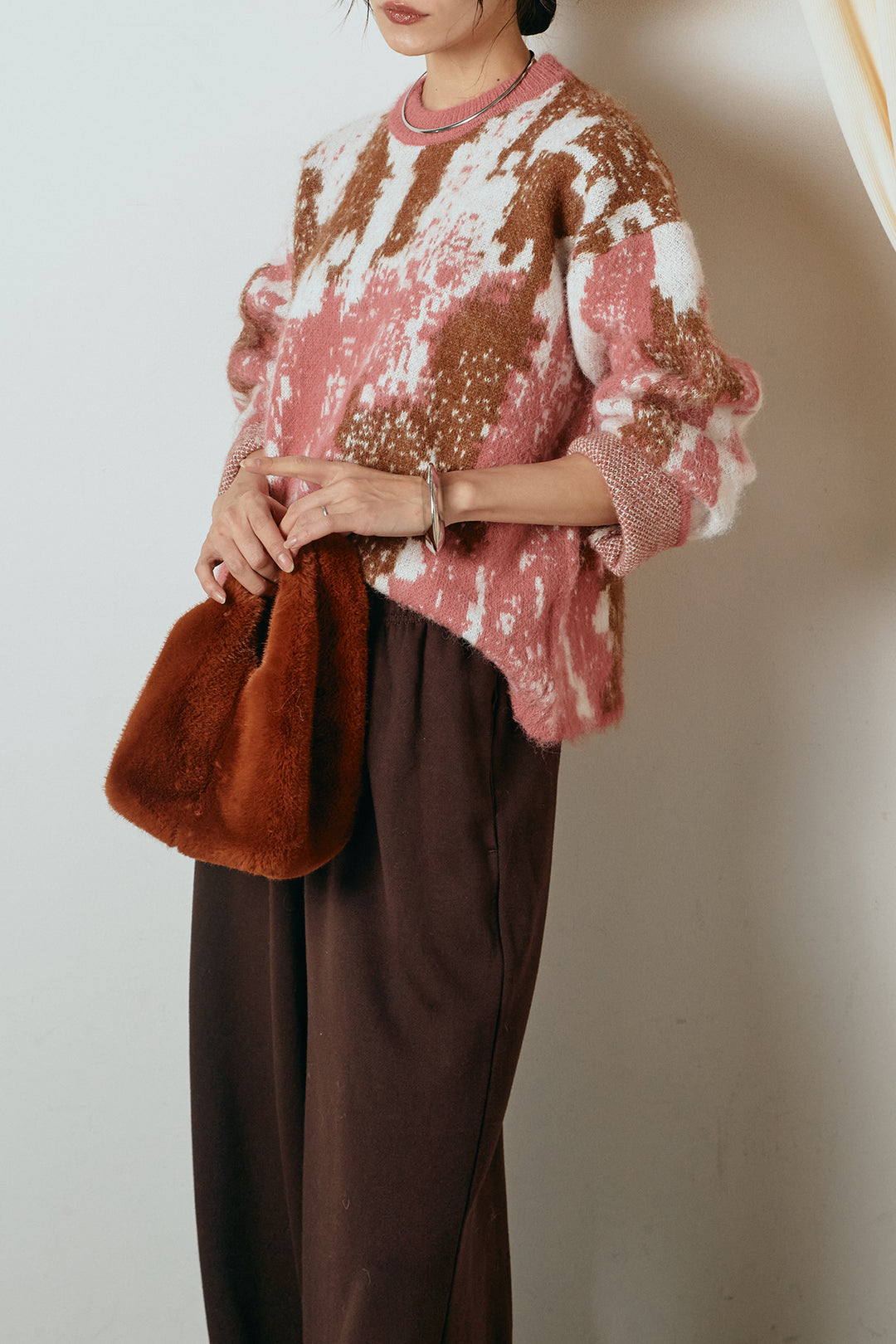 [SET]起毛ニュアンス柄ニットプルオーバー+裏起毛スウェットワイドパンツ(2set)