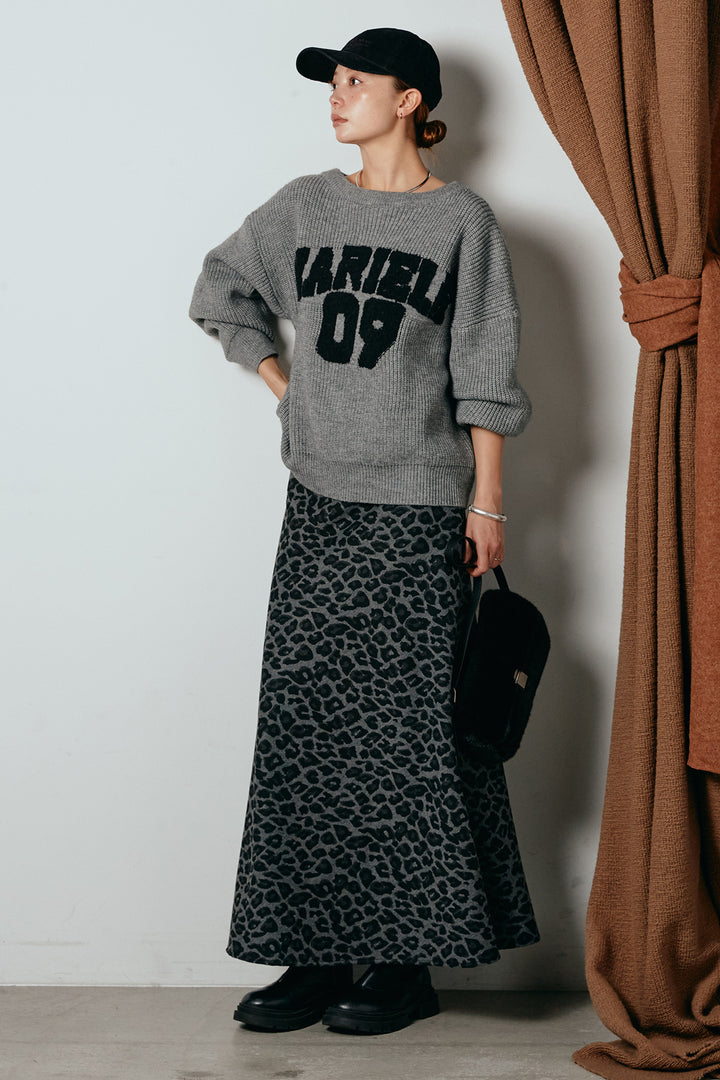 [SET]ロゴジャガードニットトップス+レオパードロングスカート(2set)