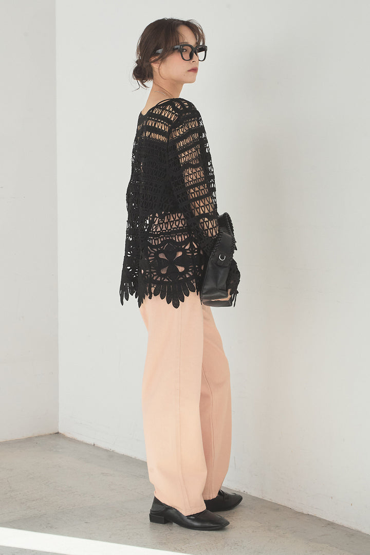 [SET]裾デザインメッシュプルオーバー+スプリングカラーデニムパンツ(2set)