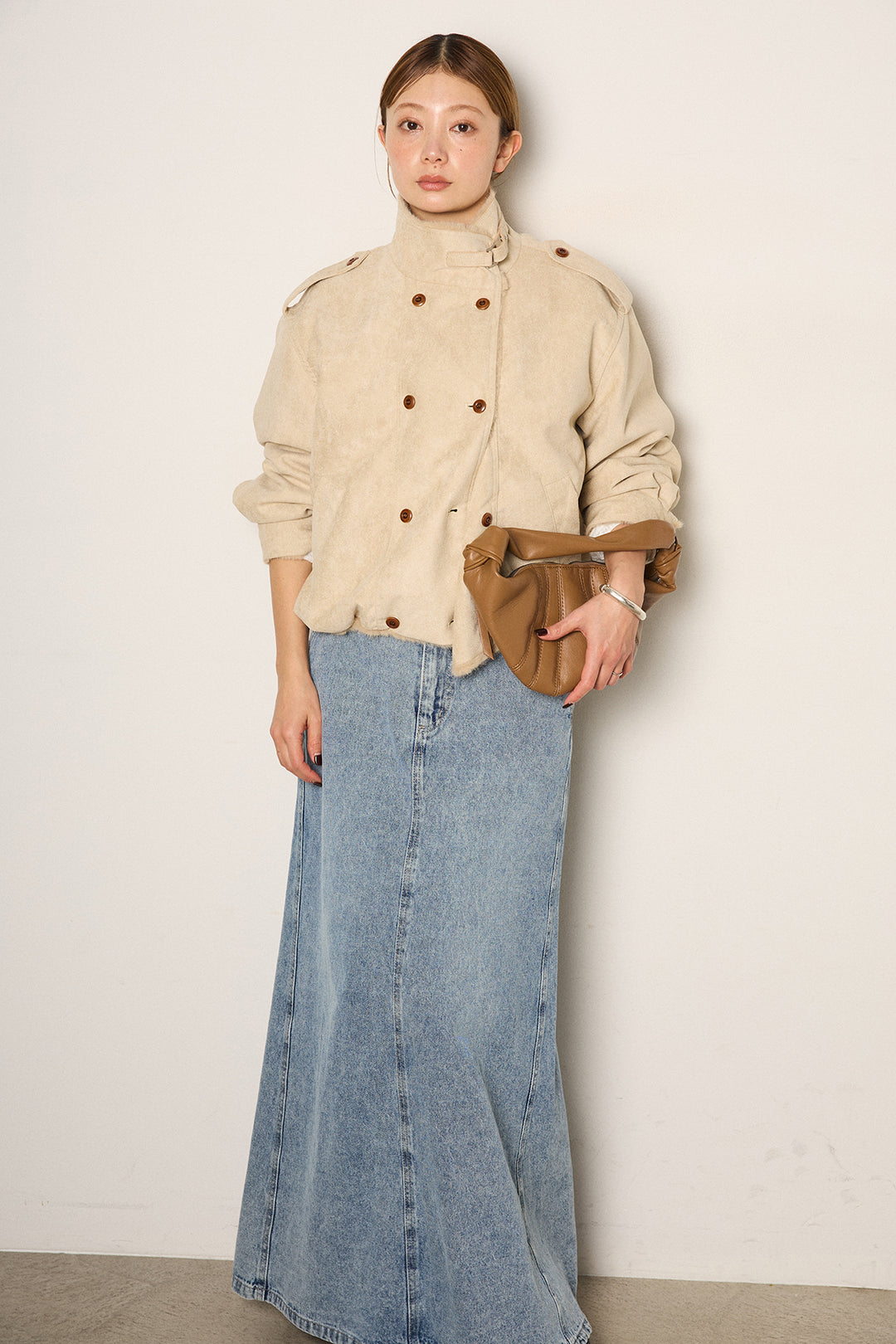 [SET]スタンド襟スウェードライクアウター+デニムロングフレアスカート(2set)