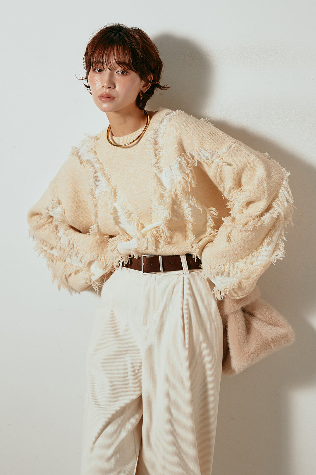 [SET]シャギージャガードニットトップス+太ベルト付きコーデュロイタックパンツ(2set)