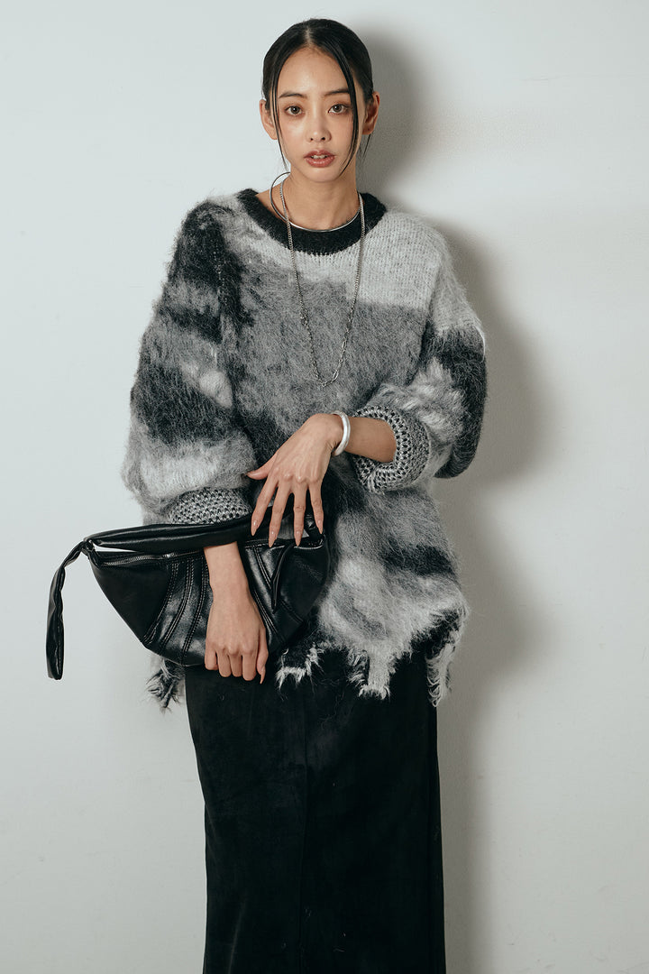 [SET]起毛裾デザインニュアンス柄ニットトップス+エコスウェードワイドスカート(2set)