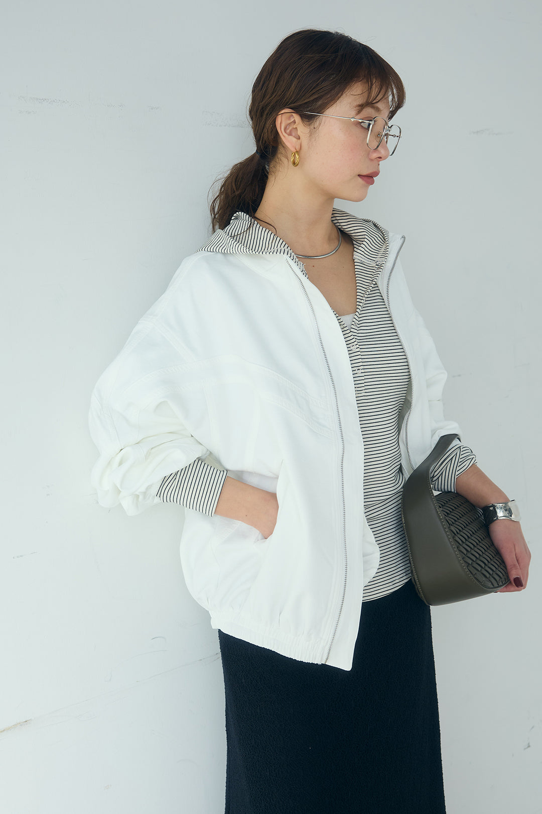 [SET]マルチ切り替えドルマンブルゾン+メッシュ刺繍ロングスカート+ボーダーフーディーロンT(3set)