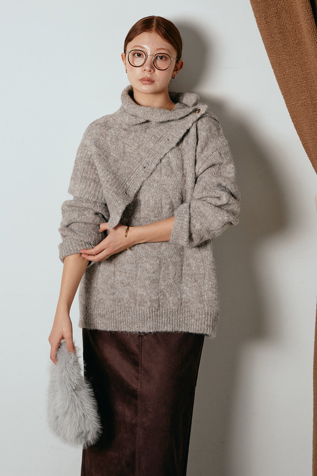 [SET]ケープデザインケーブルニットトップス+スウェードライク裾フリンジスカート(2set)