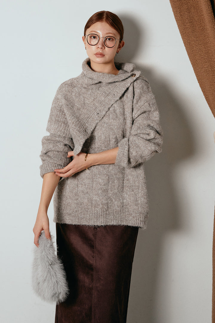 [SET]ケープデザインケーブルニットトップス+スウェードライク裾フリンジスカート(2set)