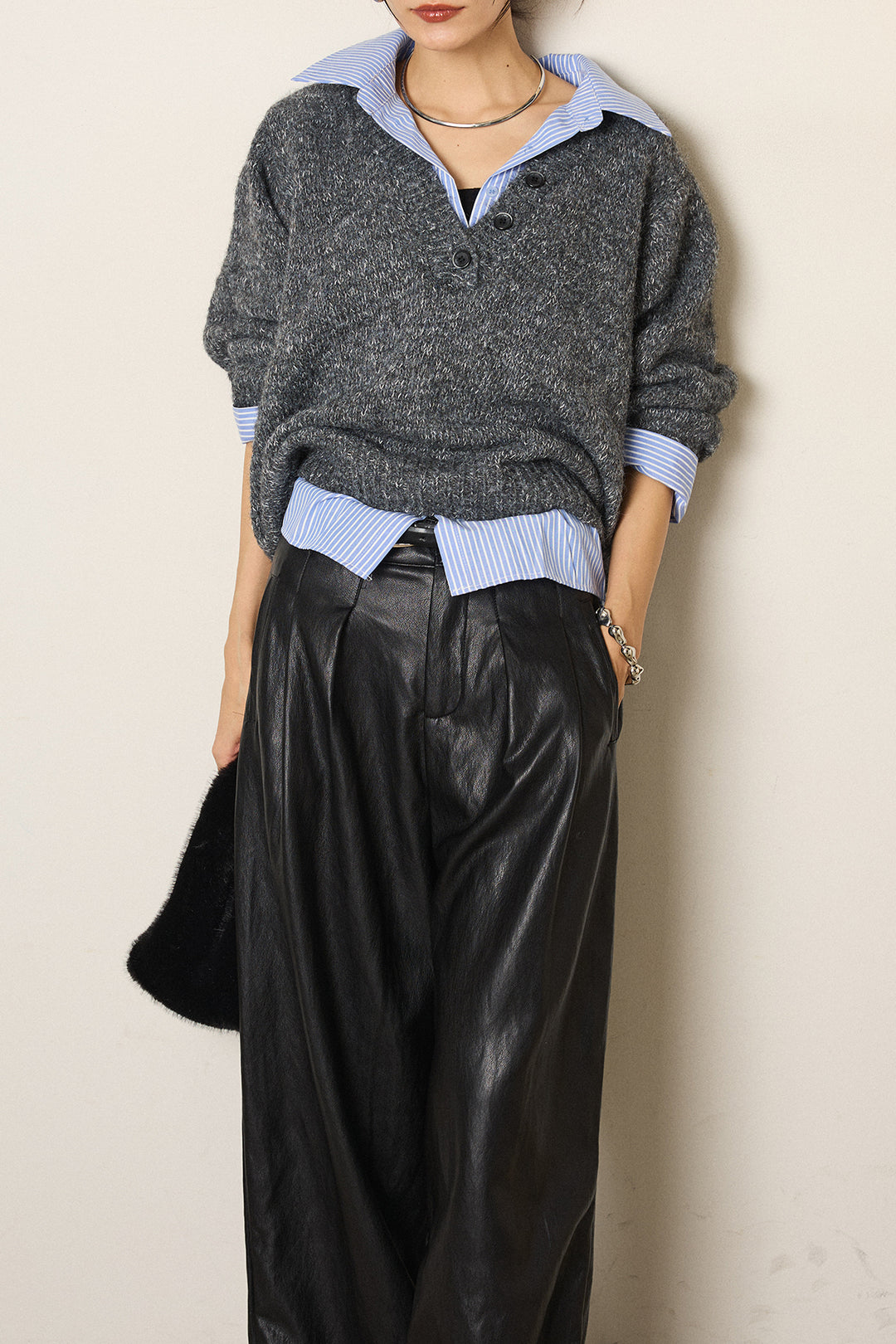 [SET]ストライプシャツドッキングニットポロトップス+ベルト付きレザーライクタックパンツ(2set)