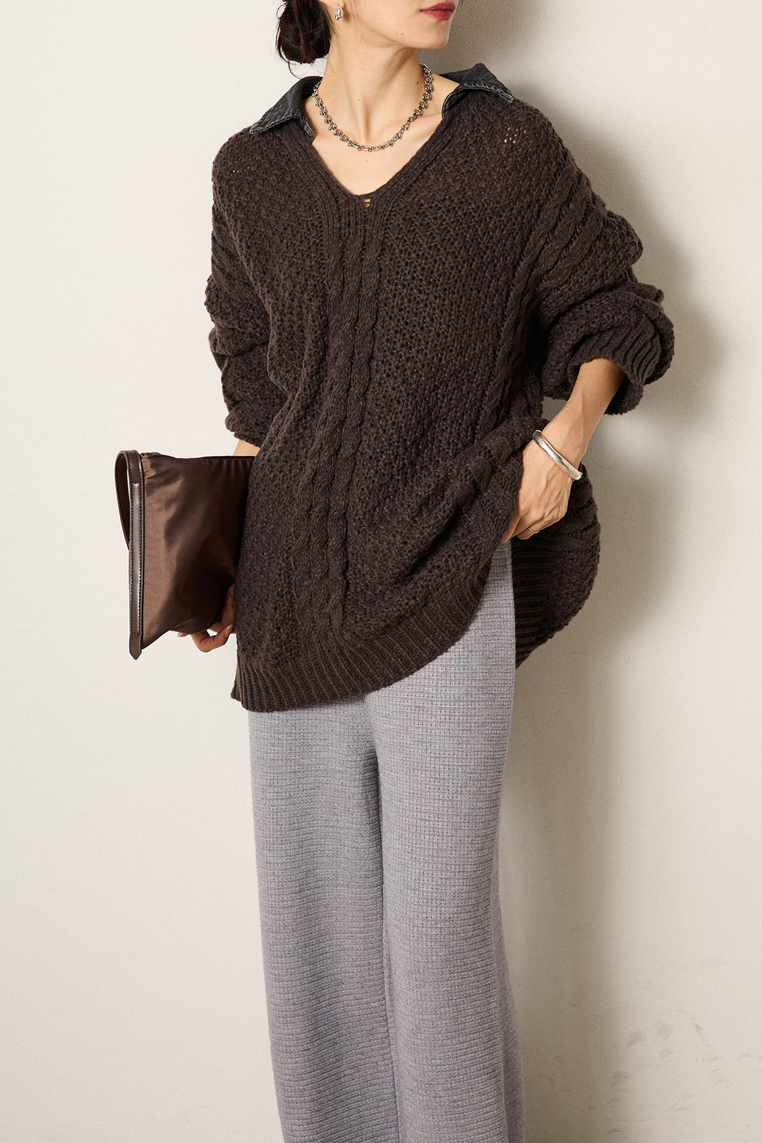 [SET]デニムカラーケーブルオーバーニット+ワイドリブニットイージーパンツ(2set)