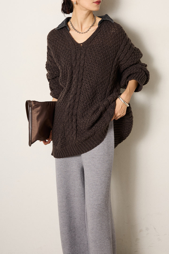 [SET]デニムカラーケーブルオーバーニット+ワイドリブニットイージーパンツ(2set)