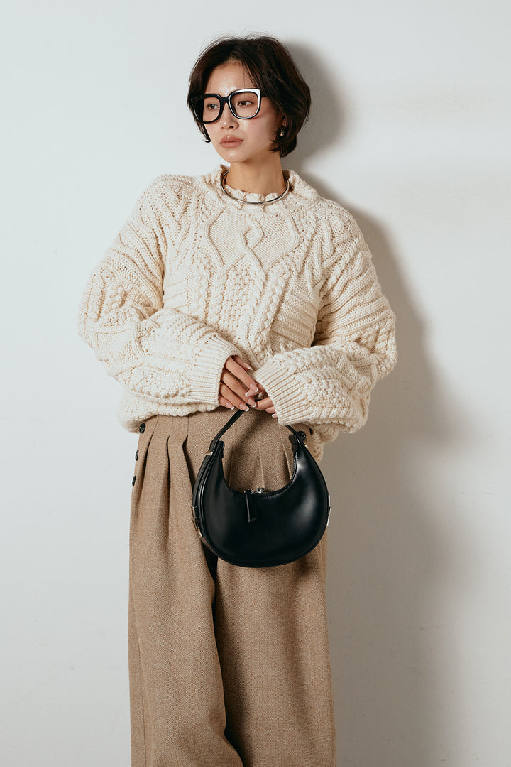 [SET]アラン柄ミックスケーブルニット+サイドボタンツイードタックパンツ(2set)