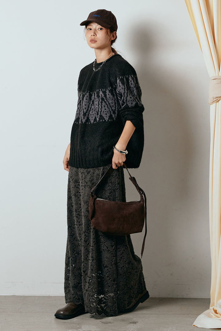 [SET]モノトーン柄ニットトップス+花柄刺繍ベロアフレアスカート(2set)