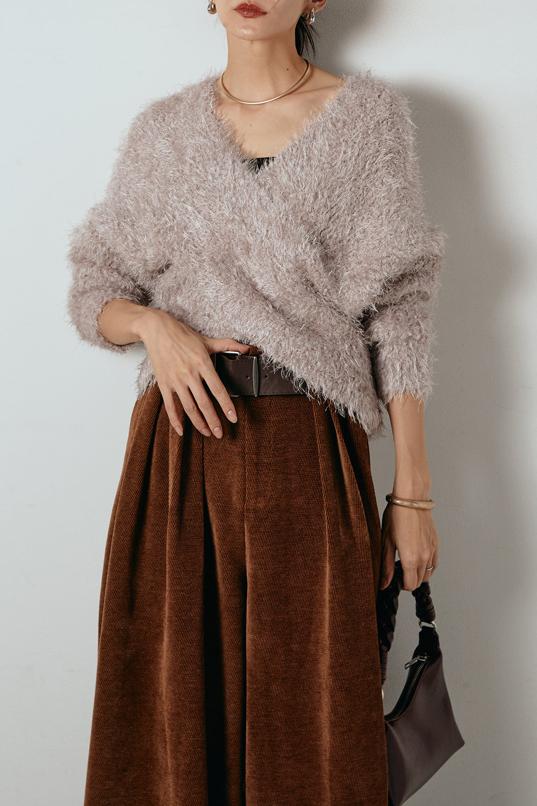 [SET]シャギークロスニットトップス+ベルトループコーデュロイワイドパンツ(2set)