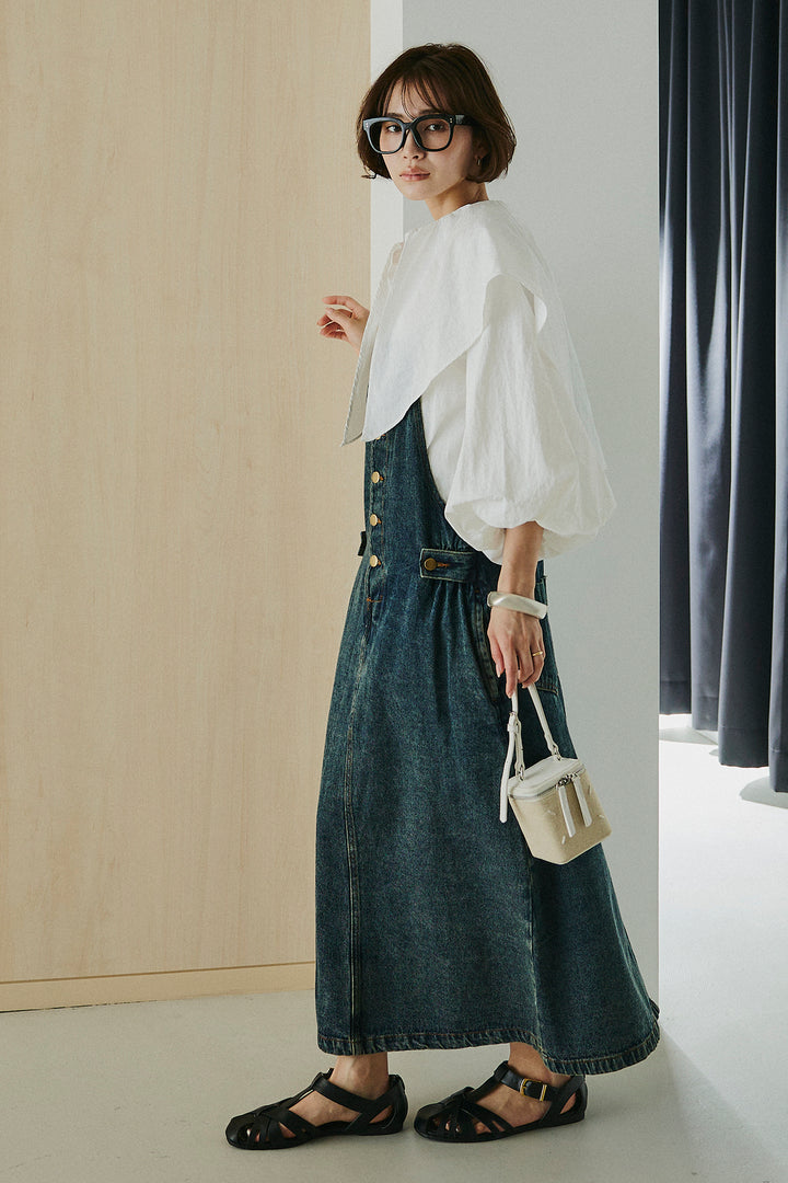 [SET]ケープカラーナイロンブラウス+配色ショルダーデニムサロペットスカート(2set)