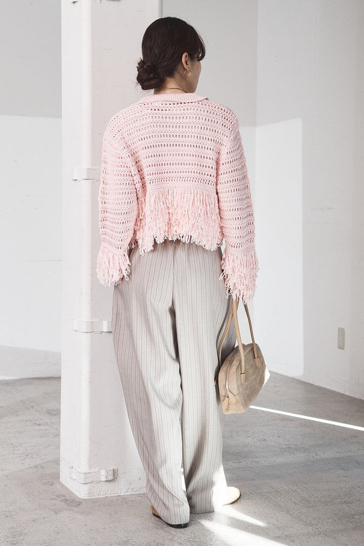 [SET]メッシュフリンジカーディガン+ヘリンボーンストライプツータックパンツ(2set)