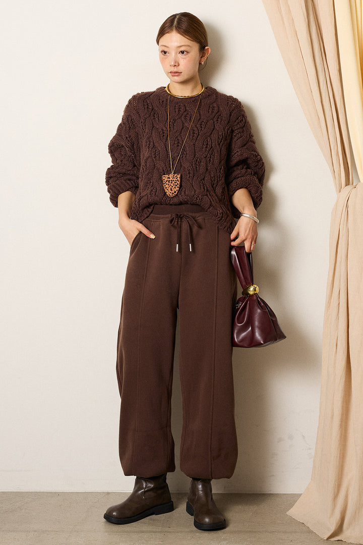[SET]ケーブルリラックスショートニット+スウェットワイドカーブパンツ(2set)