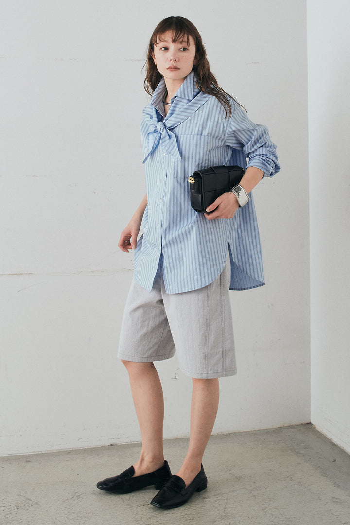 [SET]ランダムストライプスカーフ付きシャツ+デニムハーフパンツ(2set)