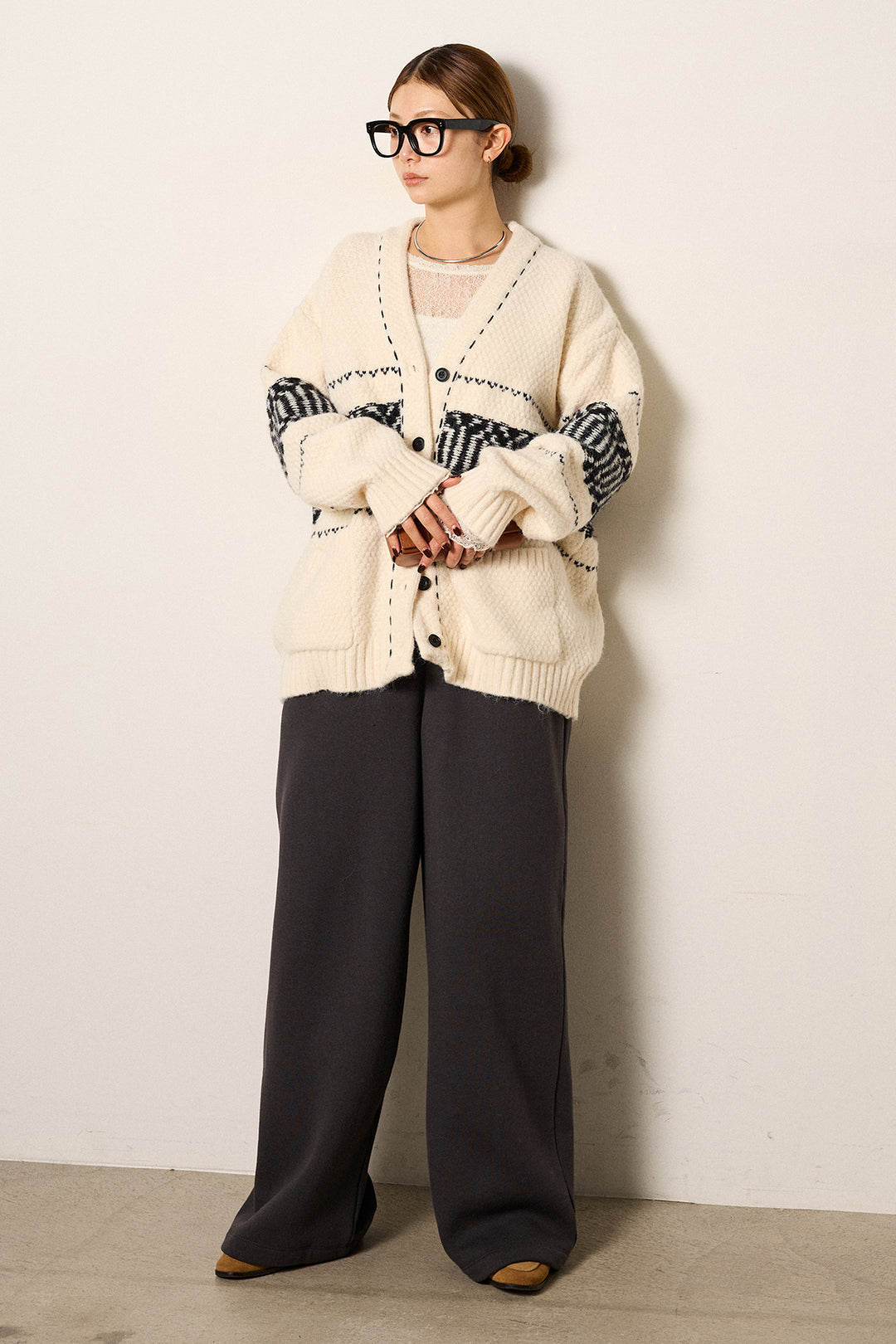 [SET]ライン柄ステッチニットカーディガン+裏起毛スウェットワイドパンツ(2set)