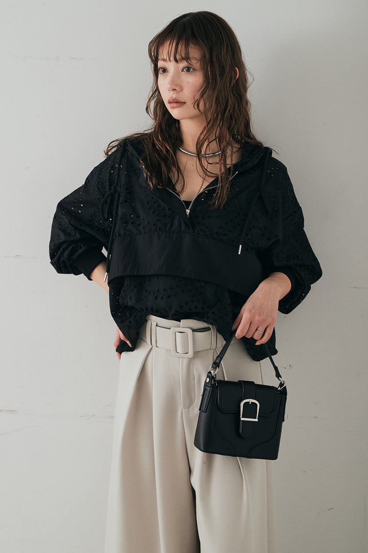 [SET]レースハーフジップアップフーディー+ベルト付きツータックワイドパンツ(2set)