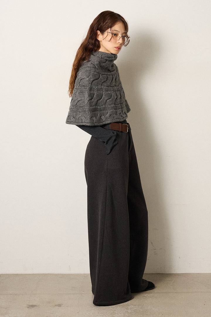 [SET]ケーブル編みケープレイヤードニット+サイドベルトパンツ(2set)