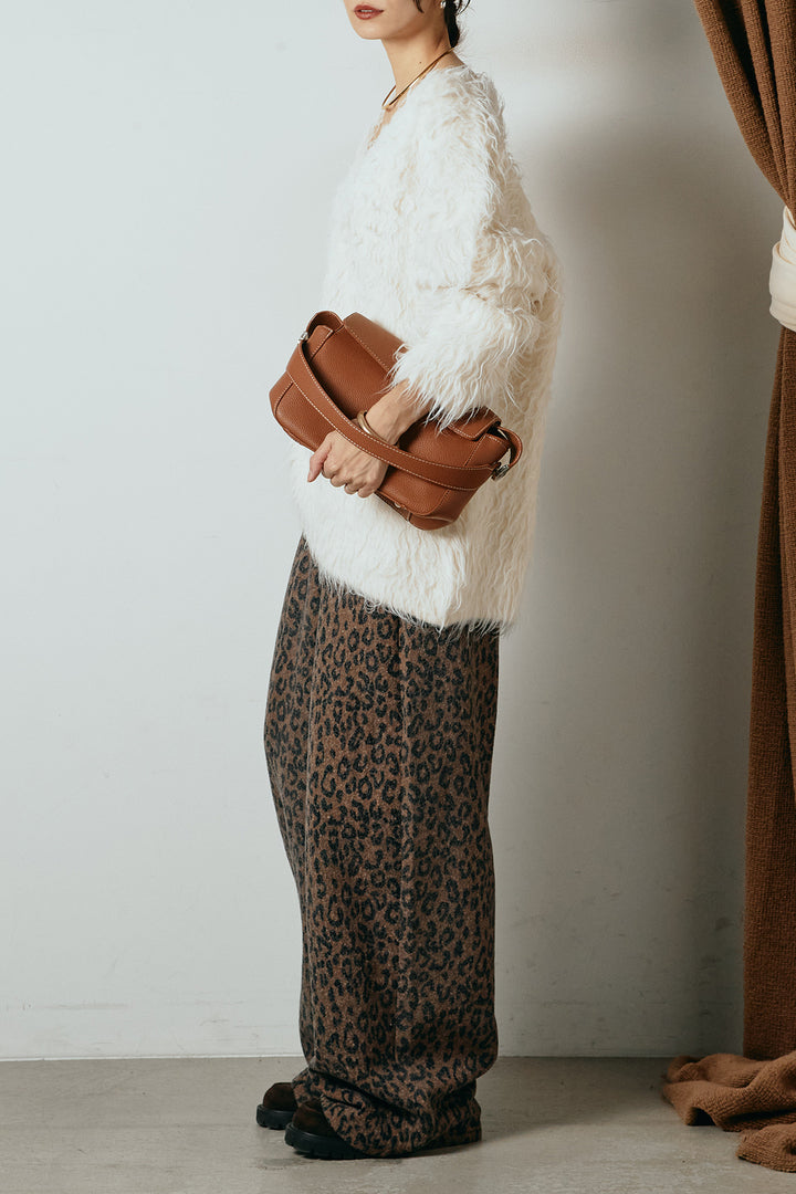 [SET]深Vネックシャギーニットトップス+リラックスレオパード柄ワイドパンツ(2set)