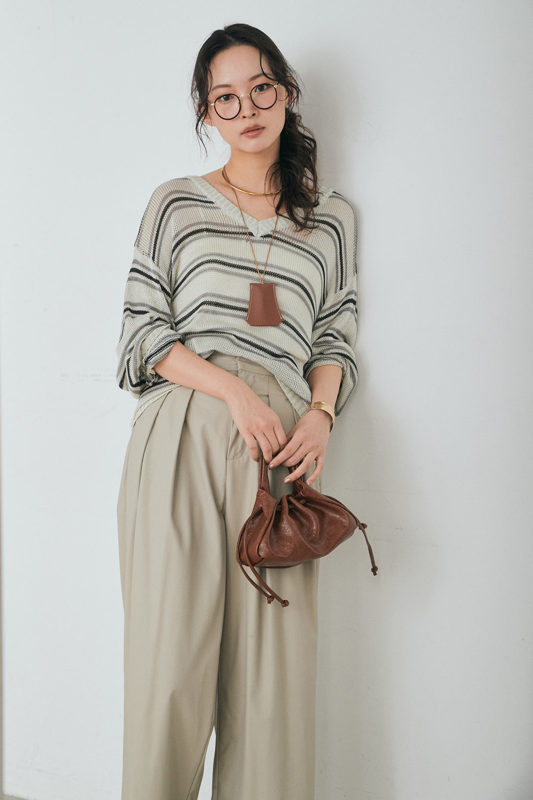 [SET]綿タッチVネックボーダートップス+ウォッシャブルエコレザータックパンツ(2set)