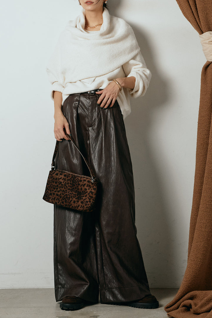 [SET]ネック巻きデザインニットトップス+ベルト付きレザーライクタックパンツ(2set)