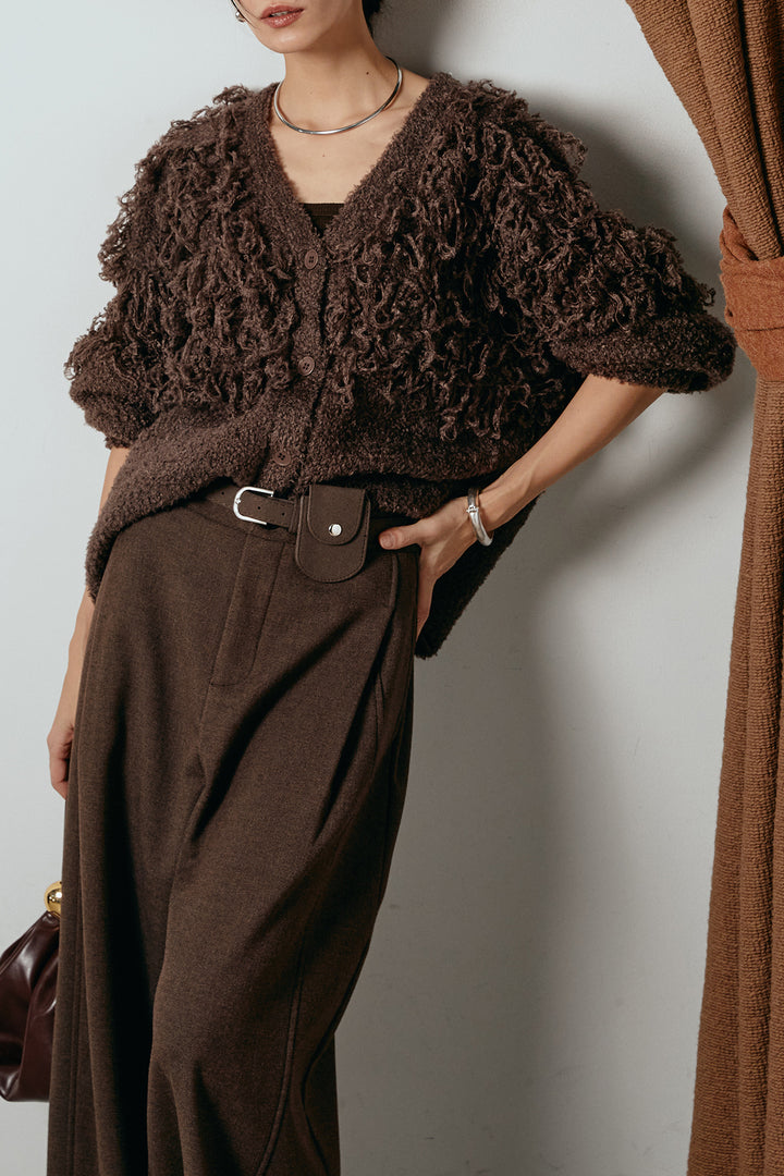 [SET]ループ編みVネックニットカーディガン+ポーチベルト付きカーブパンツ(2set)