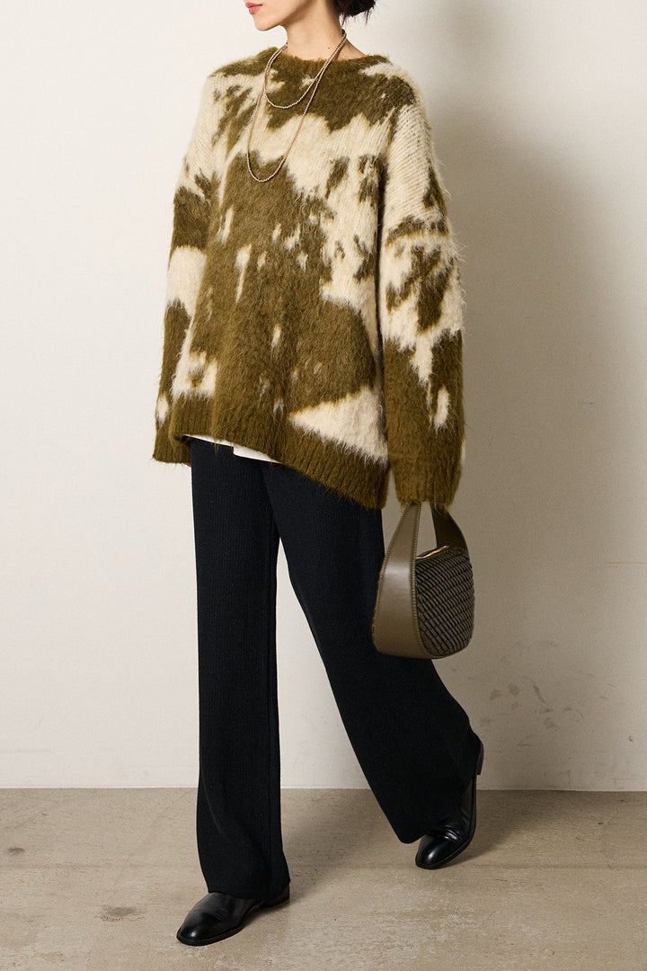 [SET]モヘアタッチマーブルニット+ワイドリブニットイージーパンツ(2set)