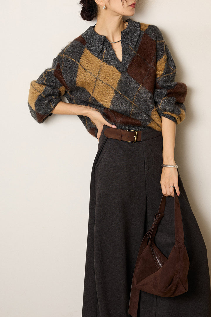 [SET]アクリルモヘアアーガイルキーネックプルオーバー+サイドベルトパンツ(2set)