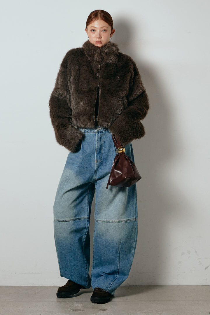 [SET]エコファーショート丈ブルゾン+加工デニムタックコクーンワイドパンツ(2set)