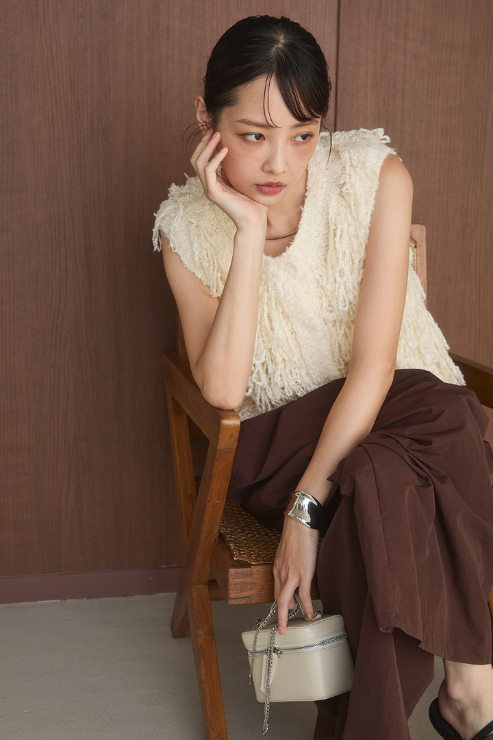 [SET]ニットフリンジベスト+ボタンデザインニーサイドタックパンツ(2set)
