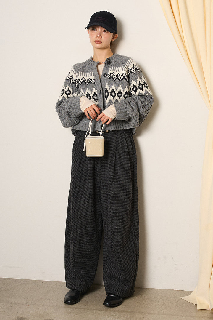 [SET]2WAY求心柄ジャガードショートカーディガン+起毛タック入りツイードワイドパンツ+2WAY袖コード刺繍クルーネックプルオーバー(3set)
