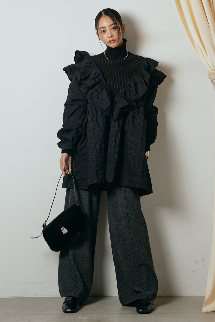 [SET]Vネックフリルカラーブラウス+リブニットシームレスタートルプルオーバー+センターラインニットパンツ(3set)