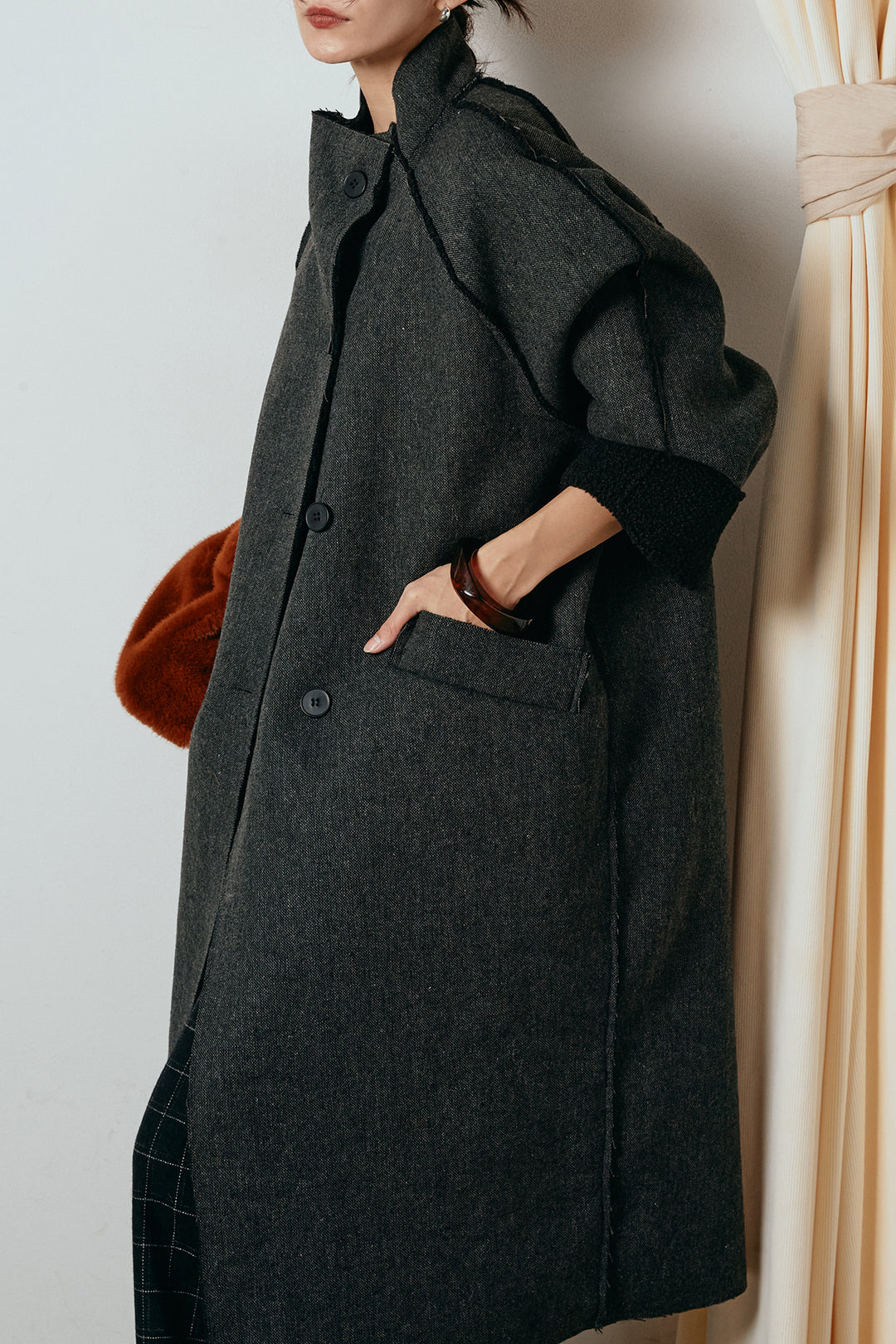 [SET]裏地ボアハイネックロングアウター+ウールライクチェックタックパンツ(2set)