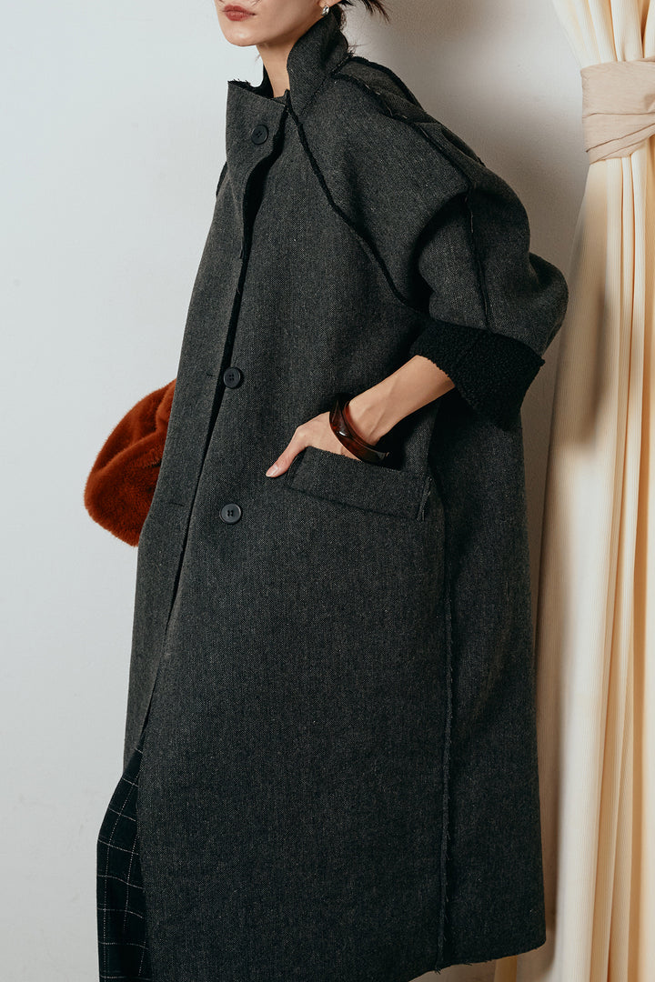 [SET]裏地ボアハイネックロングアウター+ウールライクチェックタックパンツ(2set)