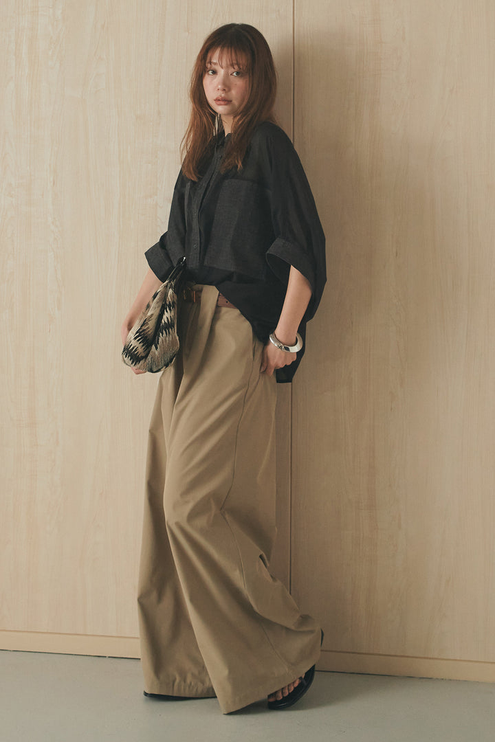 [SET]デニムライクビッグツーポケシアーシャツ+ベルトループデザインハイウエストタックパンツ(2set)