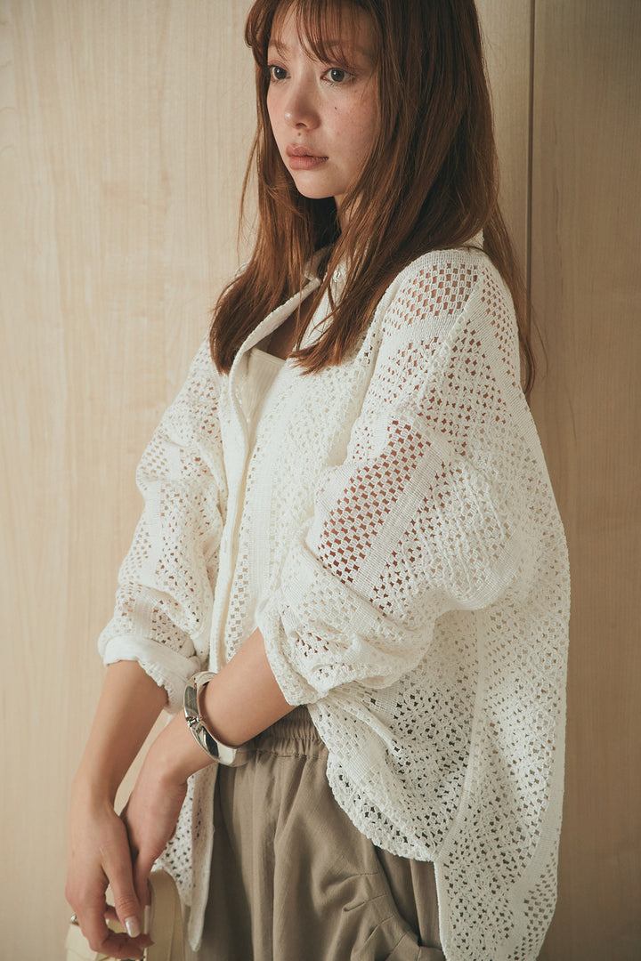 [SET]長袖襟付きレースシャツ+ポケットタックフォルムパンツ(2set)