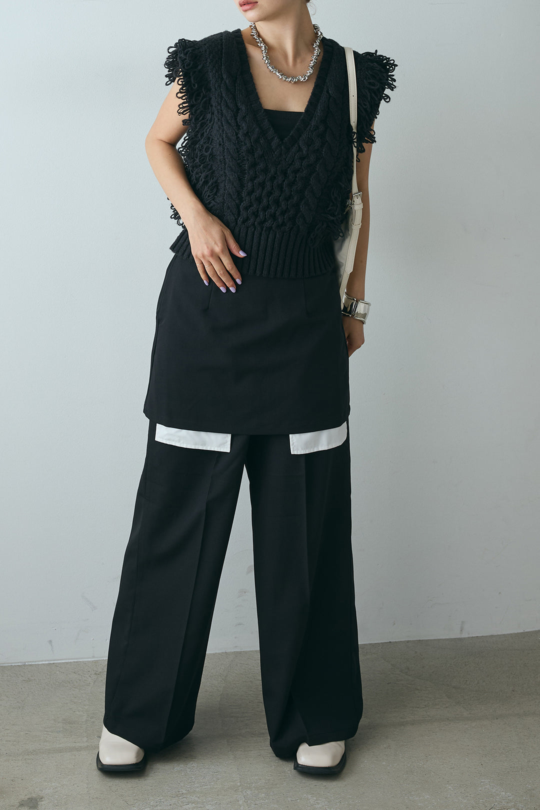 [SET]Vネックループフリンジニットベスト+ストレートパンツ＆ミニスカートセット(2set)