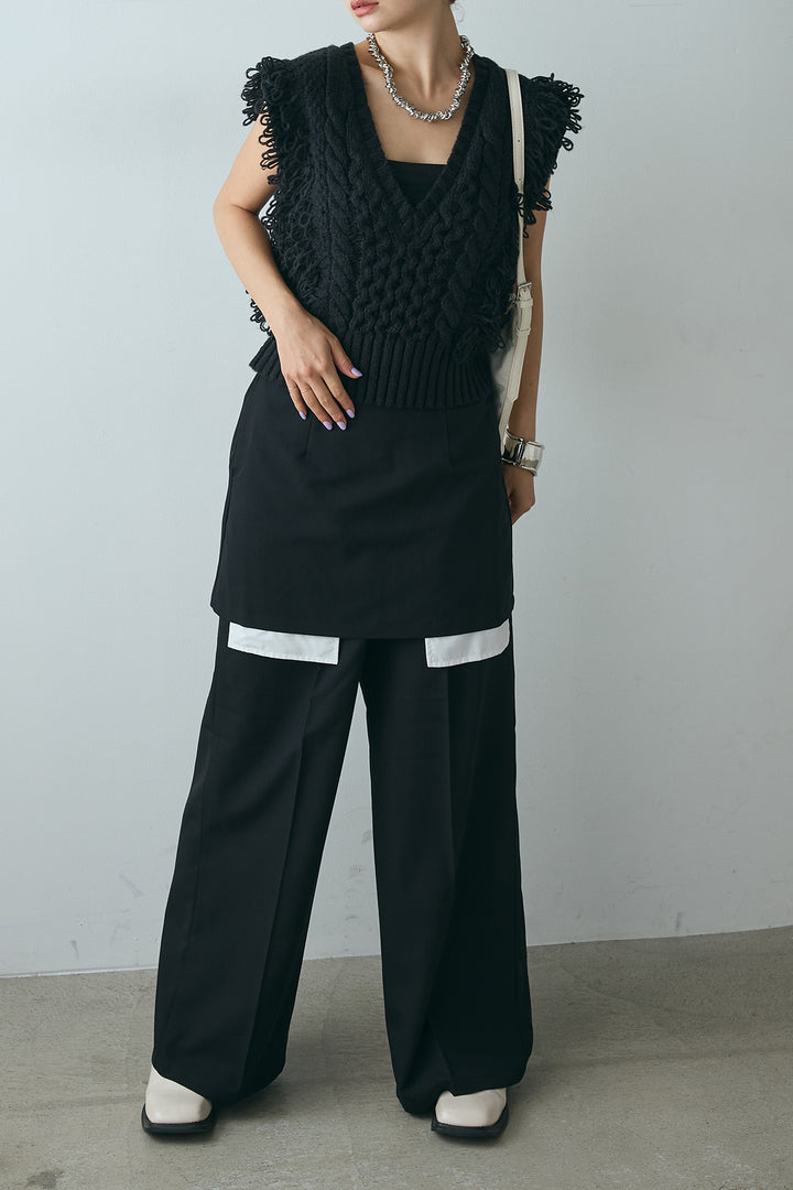 [SET]Vネックループフリンジニットベスト+ストレートパンツ＆ミニスカートセット(2set)