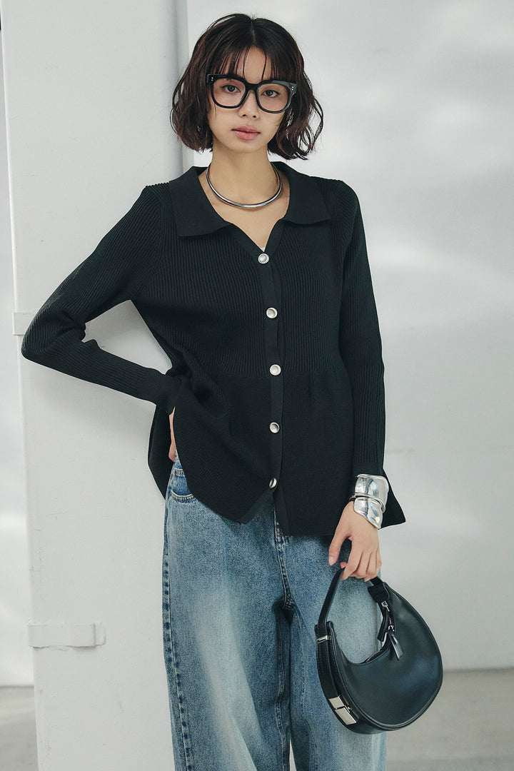 [SET]スキッパーペプラムニット+ウエスト裁ち切りデニムワイドパンツ(2set)