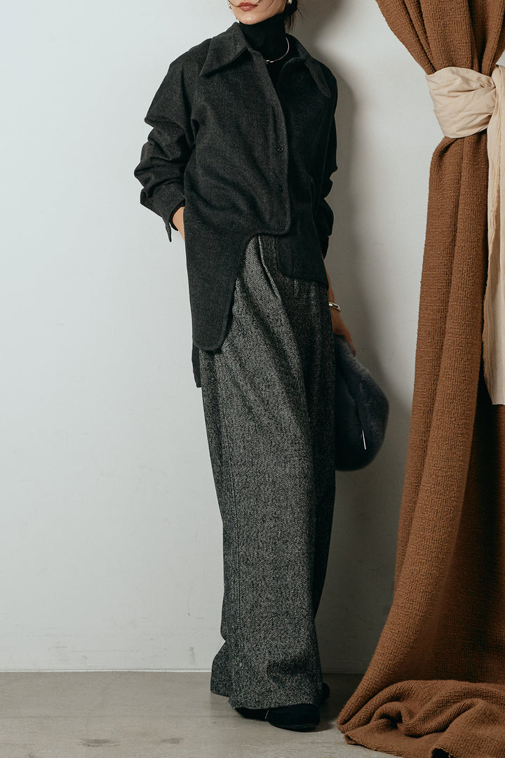 [SET]裾アシンメトリーデザインシャツ+タックツイードワイドパンツ(2set)