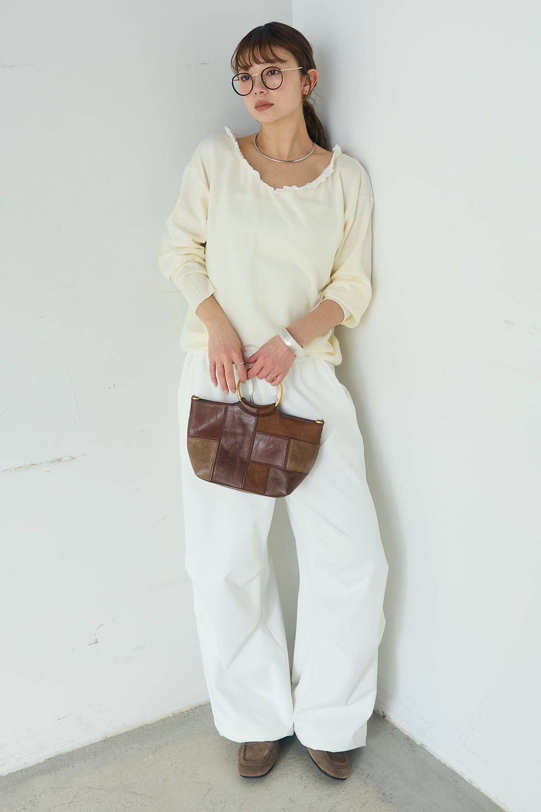 [SET]クールクール異素材コンビオフショルプルオーバー+ランダムタックデザインワイドパンツ(2set)