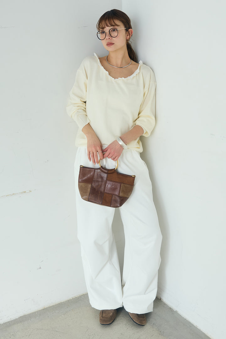 [SET]クールクール異素材コンビオフショルプルオーバー+ランダムタックデザインワイドパンツ(2set)