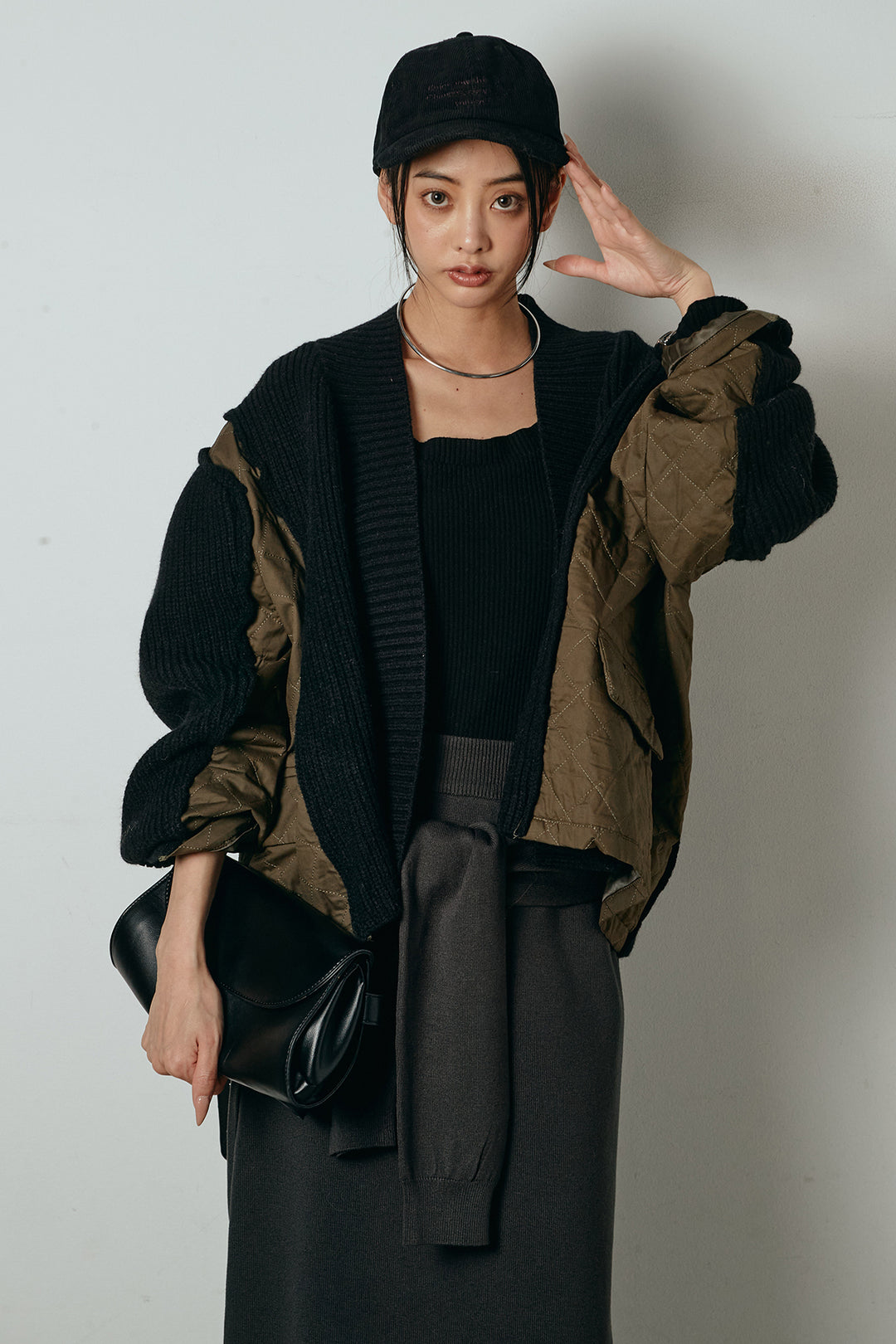 [SET]キルティング切り替えニットカーディガン+ウエストラップ巻きニットスカート(2set)